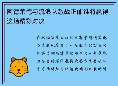阿德莱德与流浪队激战正酣谁将赢得这场精彩对决